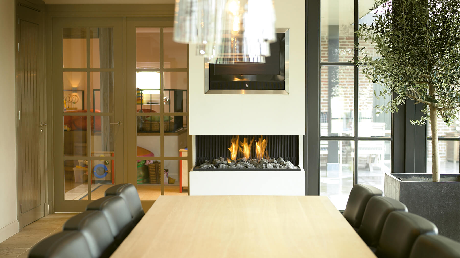 modern three sided wall fireplace