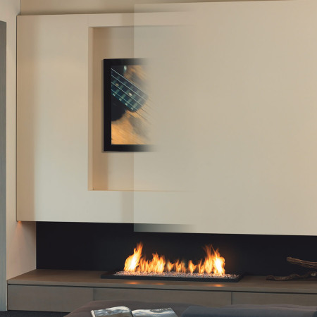suspended fireplace with tv and sliding front