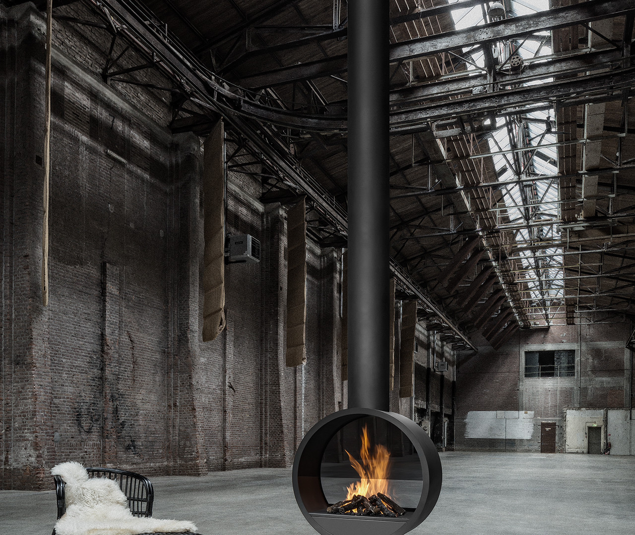 black steel double sided fireplace