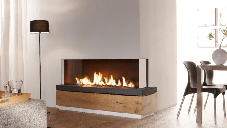 corner frameless bespoke fireplace