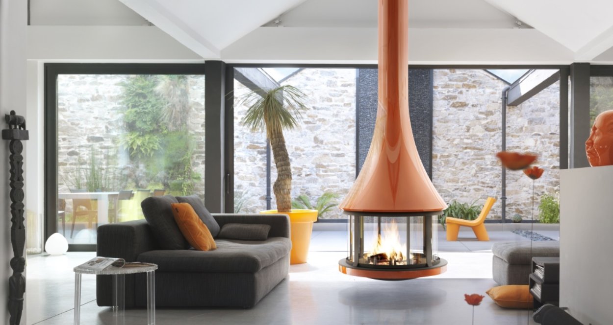 monoslope living room suspended fireplace