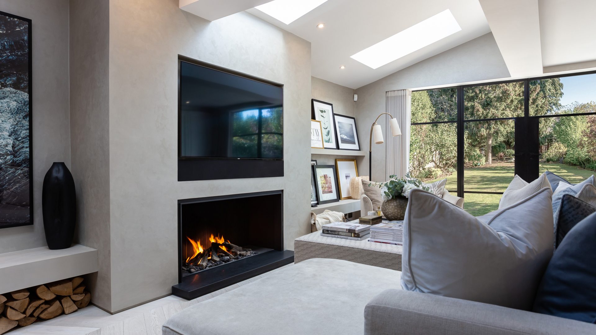 Designer Modern Fireplace - Open Fireplace under TV - TV Above Fireplace - Modus Fireplaces