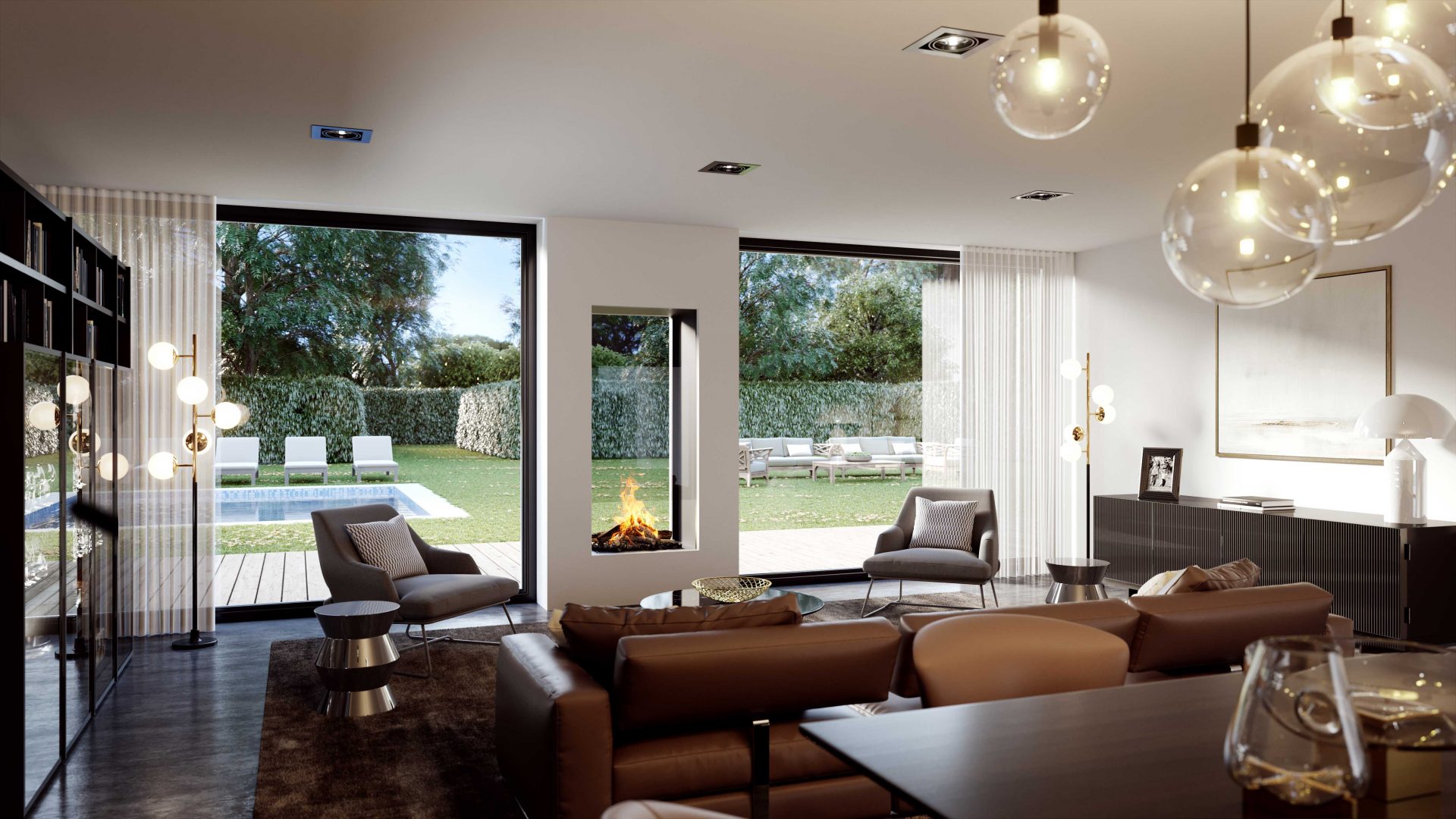Modus Fireplaces - Double Sided Fireplaces - 850T Indoor & Outdoor Fireplace built into external wall