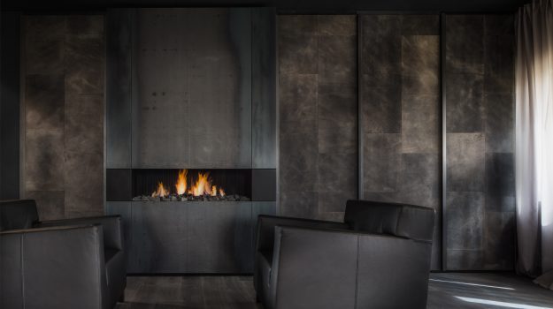 571 bluesteel fireplace that has a wide front design for an open gas fire finish