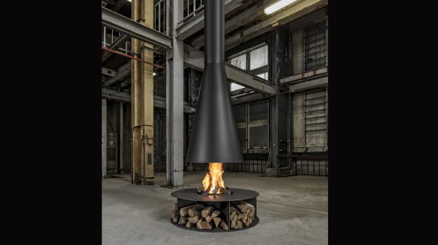 suspended canonical hanging fireplace with a steel body and flue cover up to the ceiling
