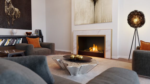 844BR Carrara fireplace that is elegant and sophisticated fireplace with a gold painted steel finish