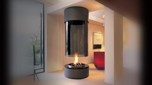186 hanging fireplace with a curved glass and circular canopy which is hung from the ceiling