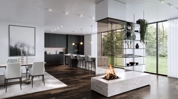A glass suspended fireplace in the front of dining room of a beautifully lit home