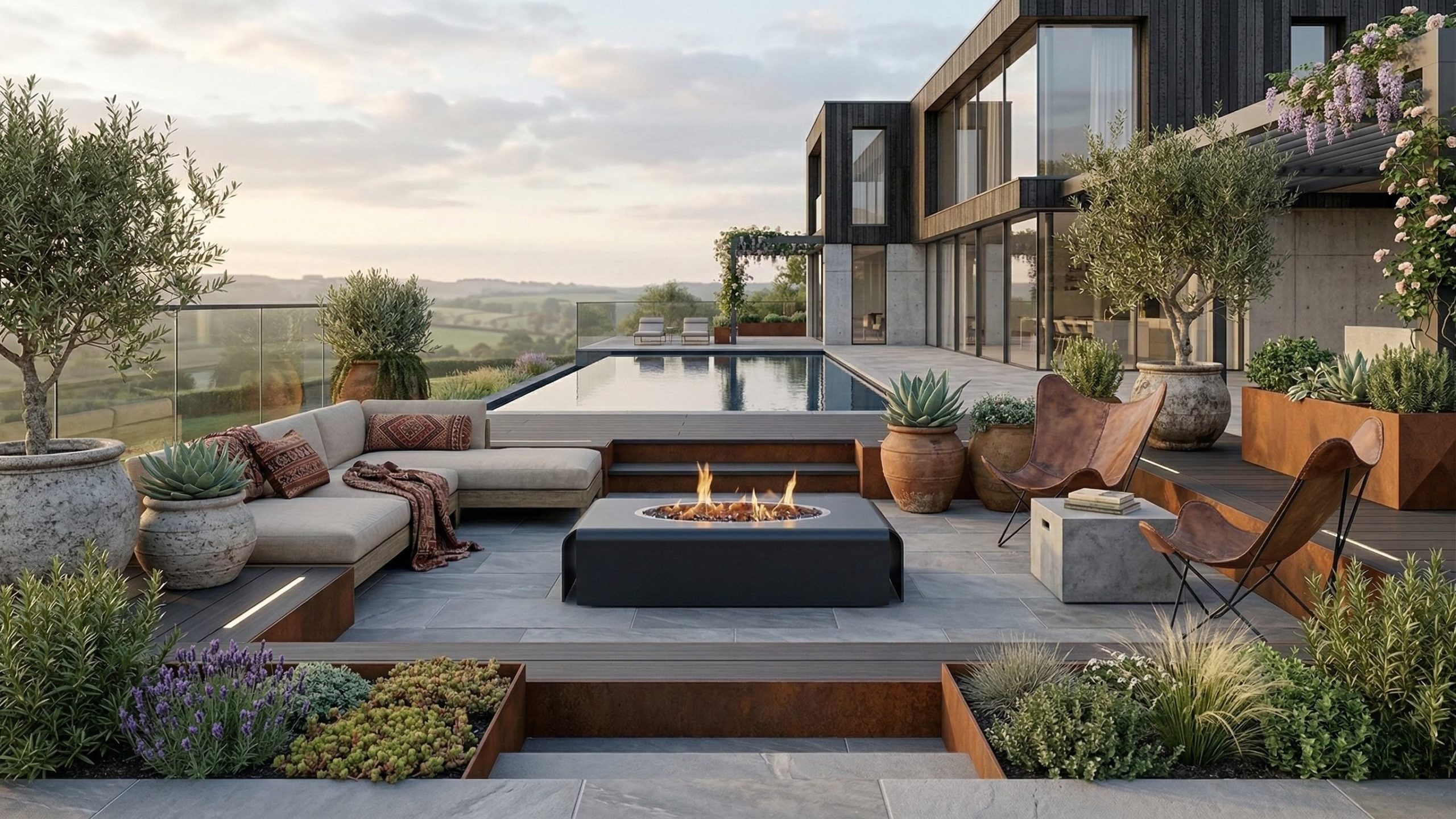 Steel outdoor coffee table firepit