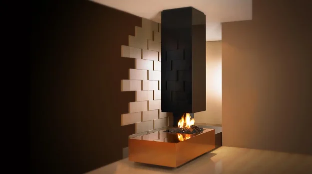 67 black gold suspended fireplace with a striking focal feature that stands out in any room