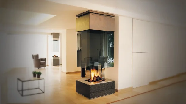 73br hanging fireplace with a suspended glass and canopy finish that can be seen from 4 different angles
