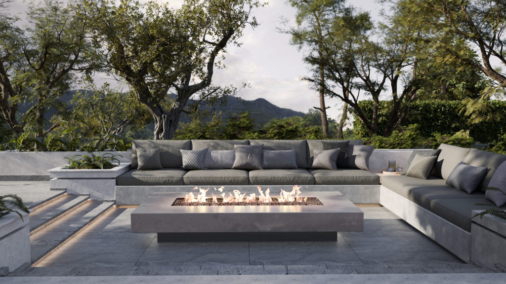 Modern low level outdoor gas firepit
